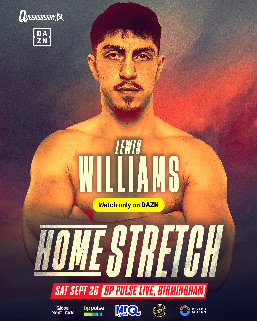 Fight poster: Lewis Williams — Home Stretch — Saturday 26 September at BP Pulse Live, Birmingham, watch only on DAZN